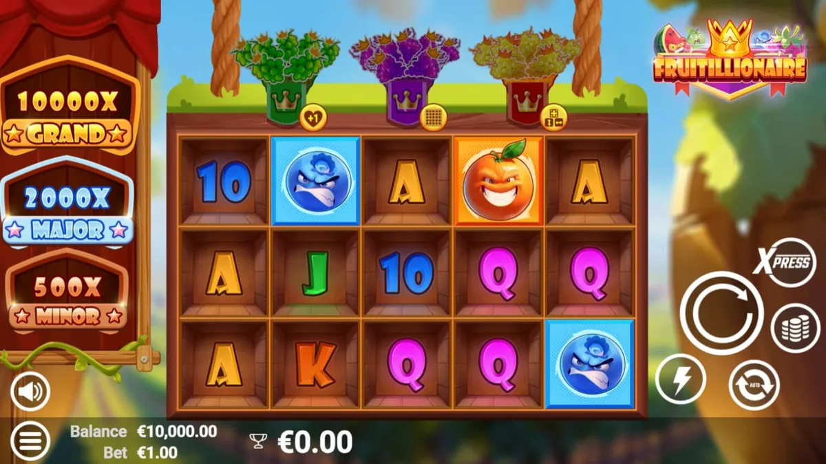 Tampilan visual slot Fruitillionaire dengan karakter buah yang marah dan latar belakang kerajaan yang mewah.