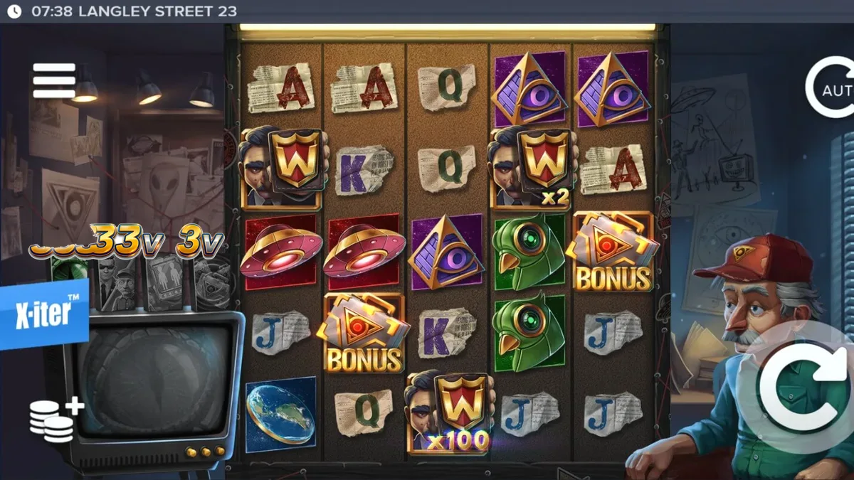 Tampilan antarmuka game slot Langley Street 23 dengan tema konspirasi 90-an